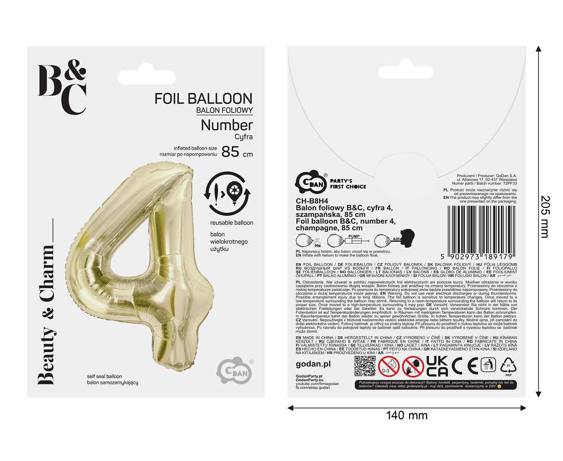 Foil balloon B&C, number 4, champagne, 85 cm